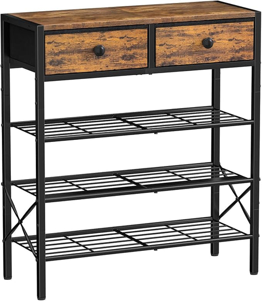 4 Tier Shoe Rack with 2 Drawers, 12-16 Pairs Rustic Brown | Holds 12-16 pairs. 2 drawers for socks/keys. Removable layer for boots. Anti-tip kit. Quick assembly.