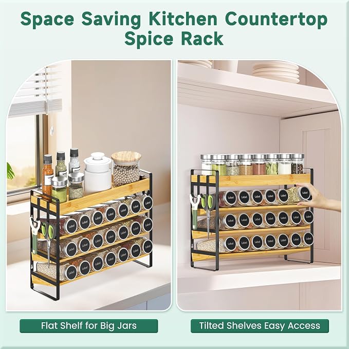 EsLuker.ly Spice Seasoning Rack Organizer Kitchen Countertop, 4 Tier Bamboo | Spice Shelf Holder Storage with 4 Hooks, Wall Mounted Freestanding Stand for Pantry, Quick Spice Access(Jars Not Included)
