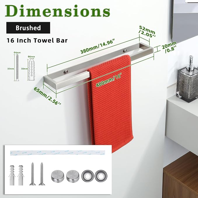 Alise Hand Towel Holder Brushed Towel Bar for Bathroom Wall Mounted 16 Inch | Towel Rack for Bathroom Lavatory,SUS304 Stainless Steel Towel Rail for Bath Kitchen,Self-adhesive or Drilling Mount