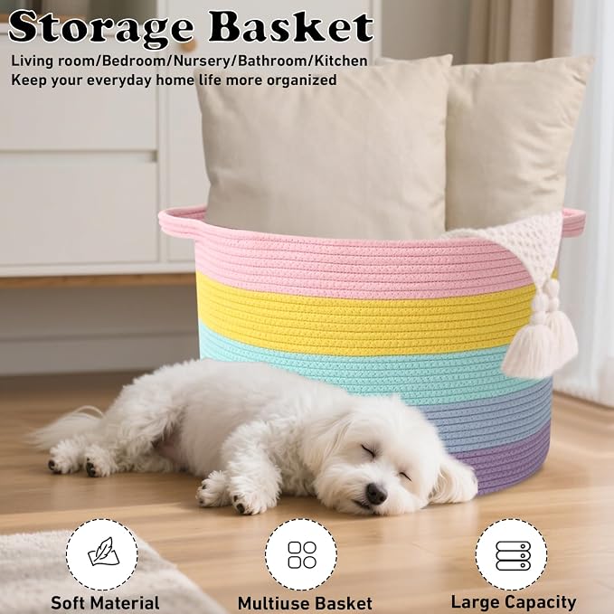 90L Large Blanket Basket,Rope Woven Laundry Basket-Colorful | Collapsible, reinforced handles, nursery storage bin organizes clothes, toys and pillows for living room, bedroom bathroom