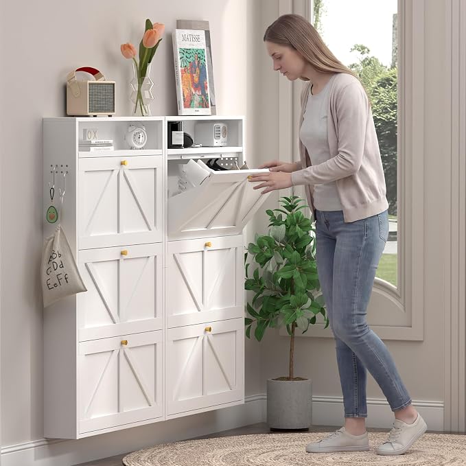 Front Door Shoe Storage, Hanging Shoe Rack with Drawers, 3-Tier Flip-Down Shoe Storage Cabinet for Entryway, Hallway, Narrow Behind the Door Shoe Cabinet, Space-Saving, White