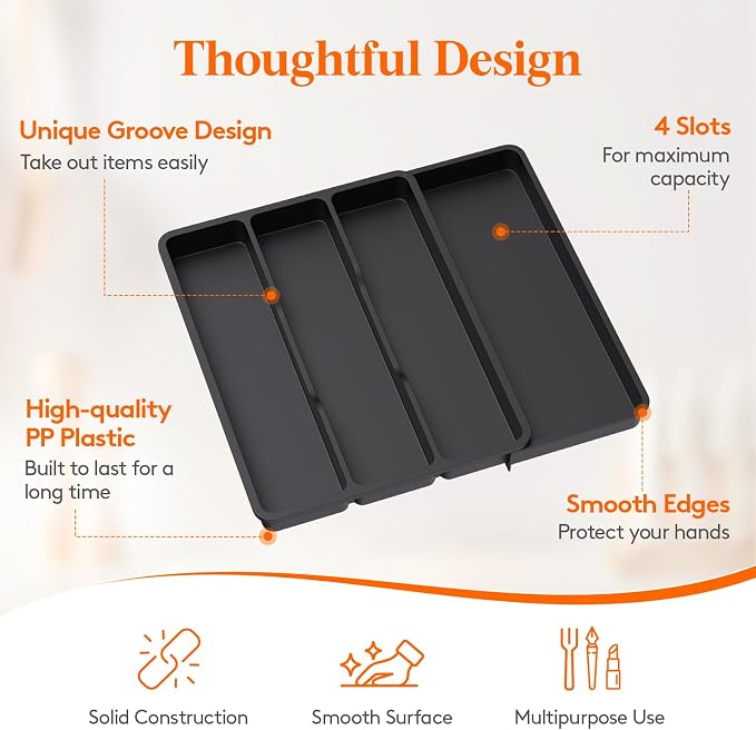 Lifewit Utensil Organizer for Kitchen Drawer, Expandable Cooking Silverware Tray, Adjustable Cutlery Flatware Holder, Plastic Spatula Tools Storage Divider, 17.3 x 15.8", Black