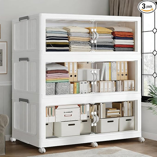 720QT Extra Large Stackable Storage Bins with Lid, 180Gal Plastic Closet Organizers and Storage Drawer, Collapsible Cabinet Box with Wheels Clear Doors for Home Kitchen Garage, 3Pack White