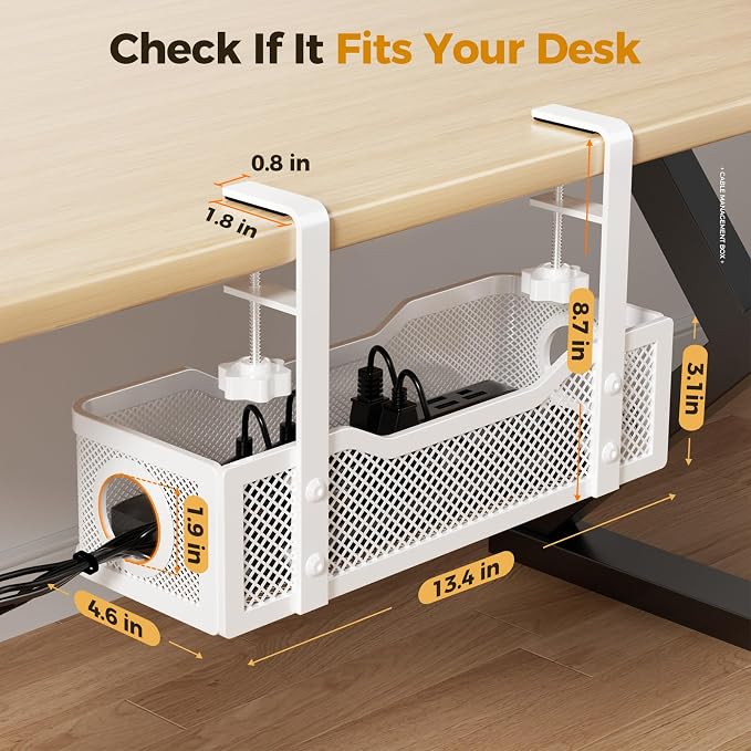 2 Pack Under Desk Cable Management Box White, Cinati 26.8" Wire Organizers No Drill, Cord Organization Tray with Clamp for Office, Home - No Damage to Desk