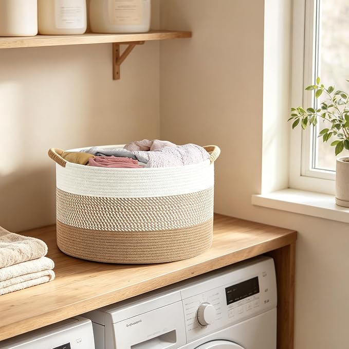 Mkono 47L Cotton Rope Basket, Boho Woven Storage, Blanket Toys Organizer | 17.7”W x 11.8”H, Decorative Bin with Handles, Home Decor, Versatile Storage Basket, Nursery Bedroom Living Room Laundry