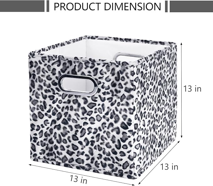 ANMINY Leopard Cheetah Print Storage Cubes Bins, Velvet, Gray, 13Inch 4PCS | Collapsible & Washable, PP Board Frame, Built-in Metal Handles, Animal Themed Fabric Cubes Baskets for Closet Shelves Decor