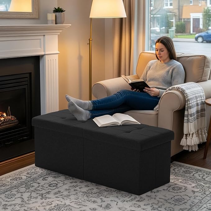 35-INCH Storage Ottoman Bench, Footrest with Storage, End of Bed Bench Coffee Table for Living Room, Bedroom, Entryway, Black