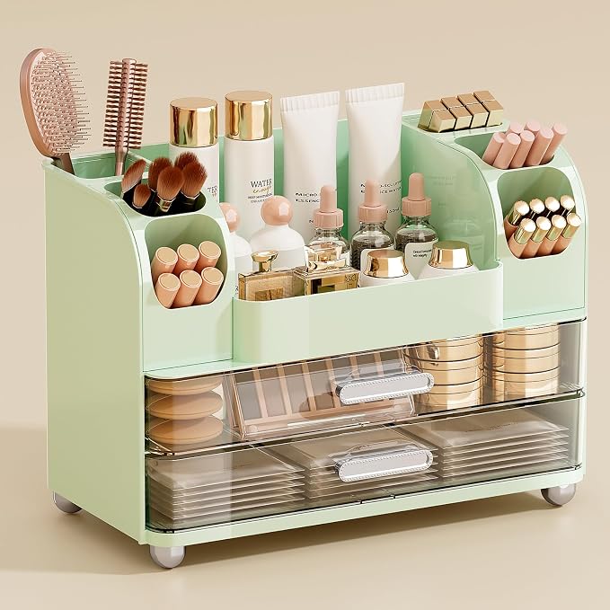 UFORU Makeup Organizer Countertop with 2 Large Drawers for Vanity Bathroom | Brush Holder, Large Capacity, Thickened Plastic, Compact Footprint, Space-Saving Design, Easy Clean, Ideal for Dorm Rooms