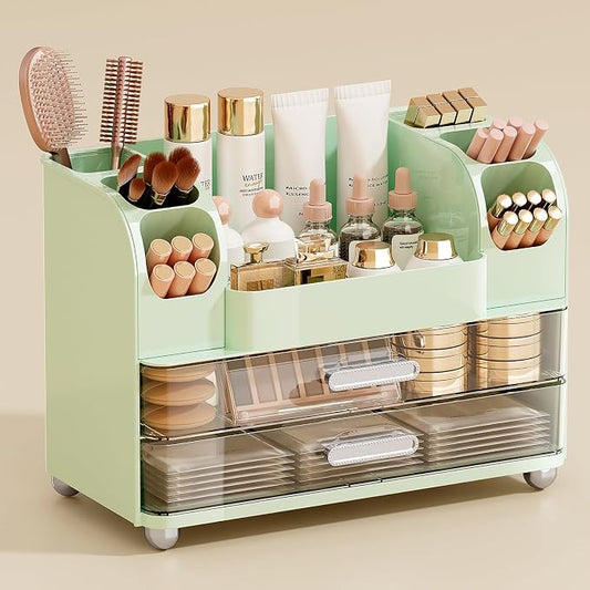 UFORU Makeup Organizer Countertop with 2 Large Drawers for Vanity Bathroom | Brush Holder, Large Capacity, Thickened Plastic, Compact Footprint, Space-Saving Design, Easy Clean, Ideal for Dorm Rooms