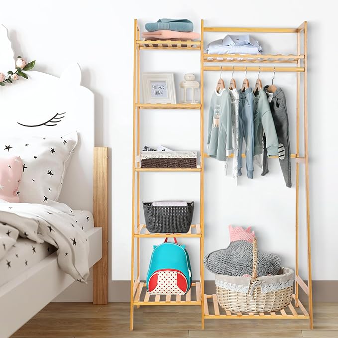 Jotsport Bamboo Clothes Rack with 7 Tier Storage Shelves Child Garment Rack | Clothing Hanging Stand for Small Spaces Freestanding Wardrobe Closet for Kids Bedroom Living Room