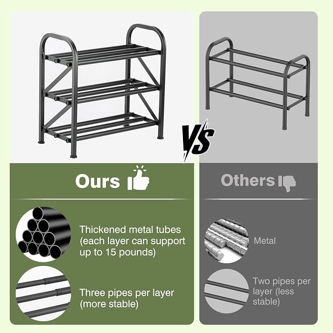 3 Tier Expandable Shoe Rack for Closet, Adjustable Small Shoe Organizer Storage, Heavy Metal Free Standing Narrow Shoe Racks for Entryway, Garage, Doorway Black 16"-33"