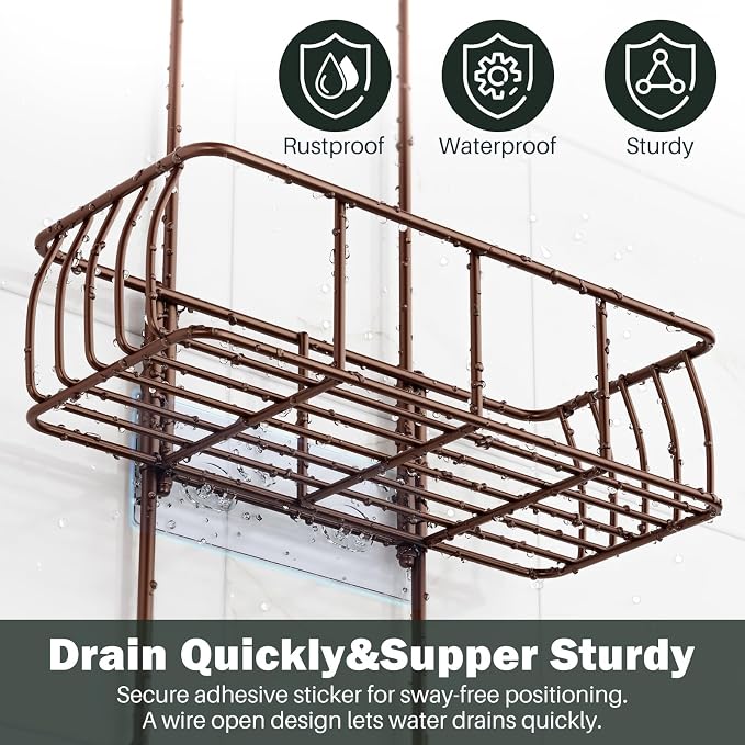 Epicano Shower Caddy Hanging Over Head, Bronze | Rustproof,4 Hooks for Towels,Sponge and & Bathroom Accessories,Anti-Swing Suction Cups & Adhesive hooks