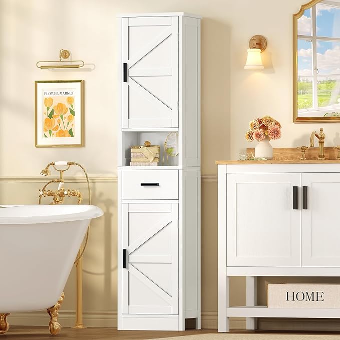 67" H Bathroom Storage Cabinet with Barn Doors & Adjustable Shelves, Bathroom Cabinet with Drawer, Narrow Bathroom Storage Unit, Floor Cabinets for Living Room, Kitchen, White