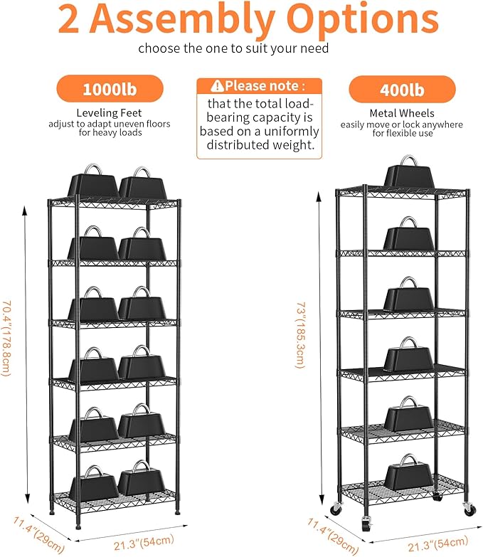 6-Tier Wire Rack Shelving,Metal Shelf Racks with Lockable Wheels, Black | 21.3" Wx11.4 Dx73 H,Height Adjustable Wire Storage Shelves for Narrow Space/Kitchen/Pantry/Laundry/Office/Closet