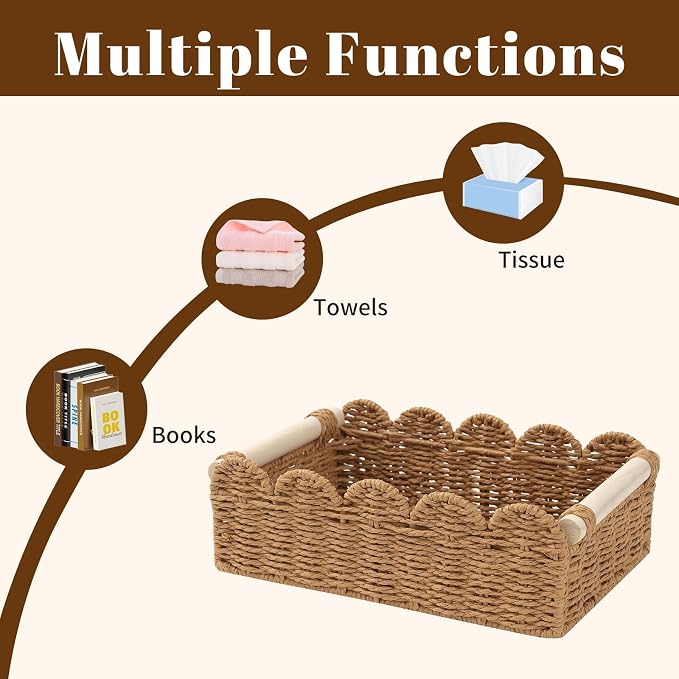 Wicker Storage Baskets, Scalloped Shelf Baskets, 2-Pack | 2 scalloped wicker baskets in large and small sizes; decorative shelf organizers with handles for bathroom and home storage.