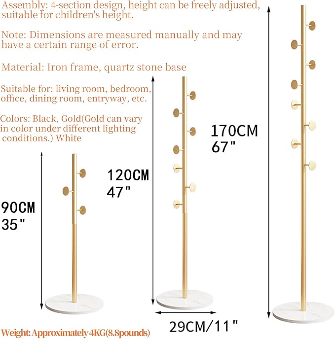 coat rack freestanding coat tree Marble base 3 height options metal coat rack jacket coat bag perchero heavy duty coat rack Available for hall office entryway black coat rack (black)