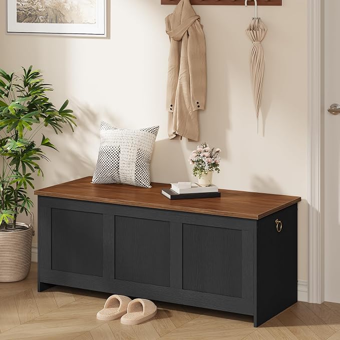 HOOBRO Storage Bench, 43.3" Retro Wooden Storage Chest, Wooden Storage Trunk, Toy Chest with Lift Top, Multifunctional Entryway Organizer, for Entryway, Living Room, Black and Walnut BH411CW01