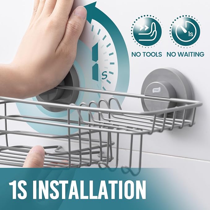 TAILI Shower Caddy Suction Cup with Hooks & Soap Holder | Heavy Duty Shower Organizer, No Drilling Shower Shelves for Inside Bathroom, Metal Storage Holder, Grey