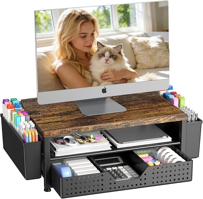 OPNICE Desk Organizers and Accessories, Computer Monitor Stand Riser with Drawer and 2 Pen Holders, Printer & Laptop Stand, Office Desk Accessories & Workspace Organizers for Home Office Supplies, Brown