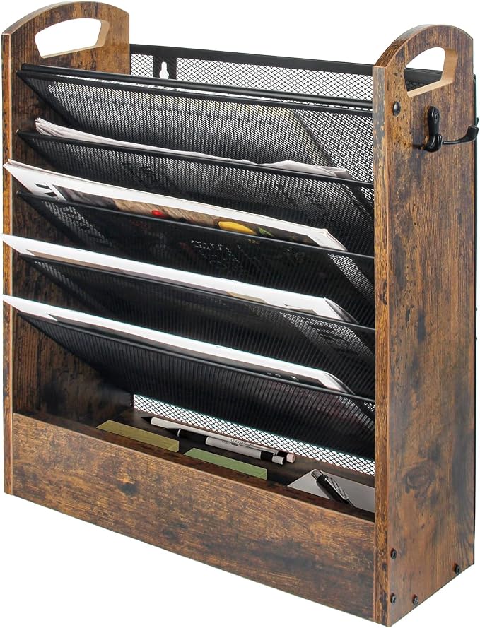 EHWINE Wall File Organizer, 6 Tier Hanging Wall File Organizer with Bottom Tray, Mail Organizer Wall Mount, Wooden Desk Organizer for Office or Home