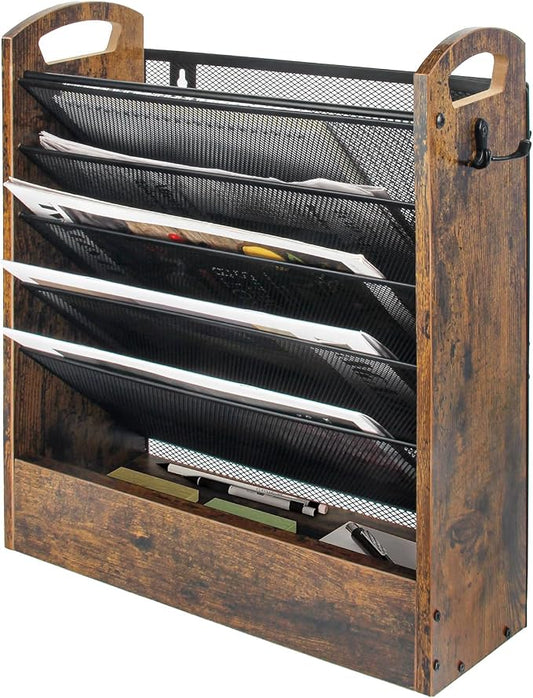 EHWINE Wall File Organizer, 6 Tier Hanging Wall File Organizer with Bottom Tray, Mail Organizer Wall Mount, Wooden Desk Organizer for Office or Home