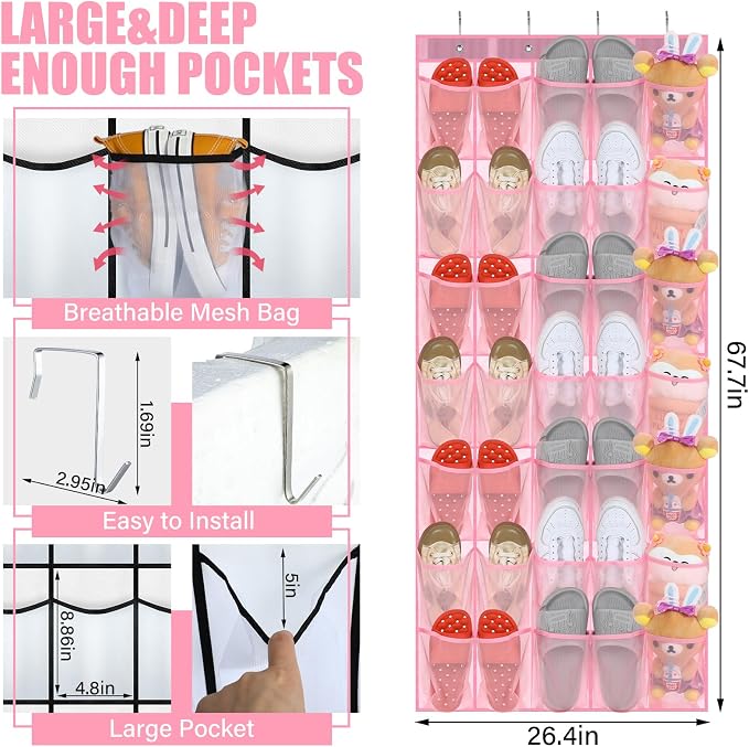 Windyun 2 Pcs 40 Pocket Over The Door Shoe Organizer Large Breathable Mesh Hanging Shoe Rack for Closet Space Saving Shoes Storage Holder Hanger for Dorm Room Bathroom Bedroom Entryway (Pink)