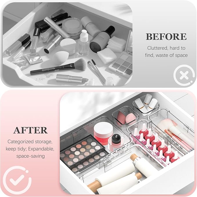 DILIBRA 16 Pcs Clear Extendable Drawer Organizer, Adjustable Drawer Storage 3-Size Desk Drawer Organizer, Plastic Non-Slip Storage Bins for Makeup, Cosmetic, Jewelries, Utensils, Stationery, Dressers
