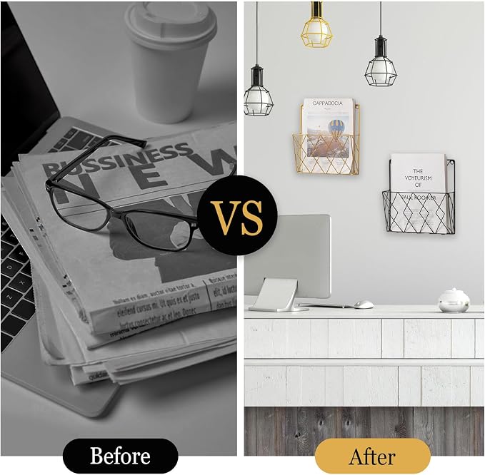 Wall-Mounted File Organizer, Metal Wall File Holder, Magazine Rack, Space-Saving Design, Ideal for Home Office, Workspace, and Study Room Organization (Gold)