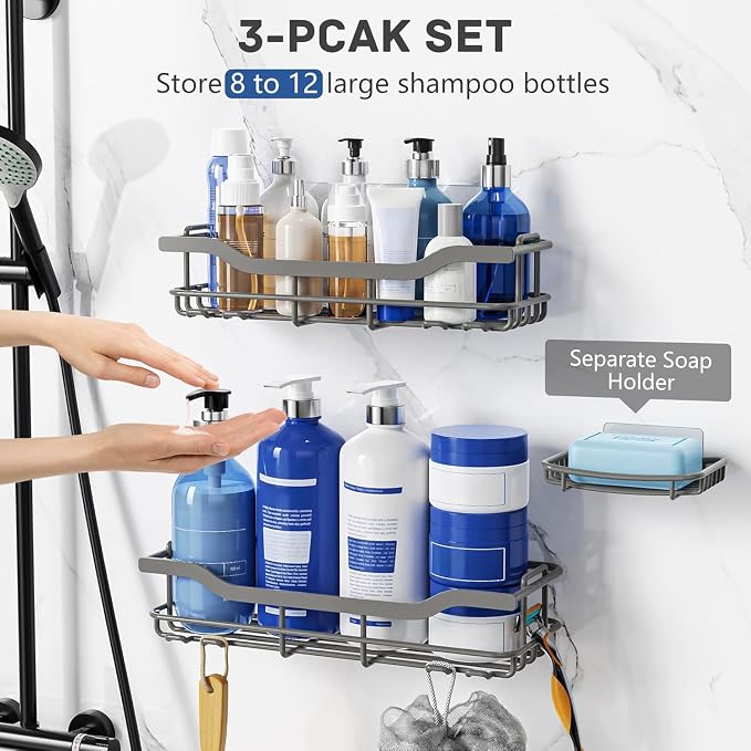 OMAIRA 3-Pack Shower Caddy with Soap Holder, Adhesive Rustproof No-drill Strudy Loading Inside Shower Organizer Shelves Rack Storage Bathroom Organization for Smooth Wall Glass Tile, Grey (XX-Large)