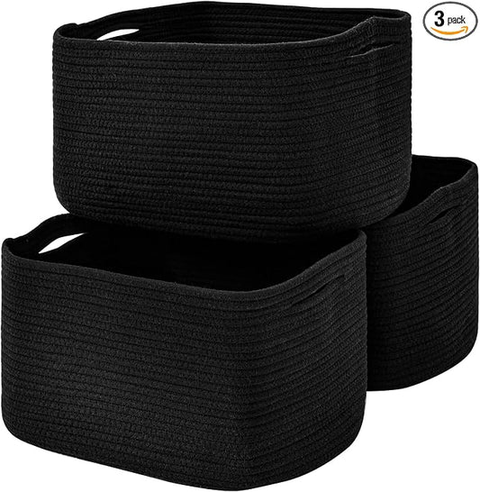 ICERZCZ Large Storage Baskets for Organizing Shelves, Woven Cotton Rope Bins for Baby Nursery Organization, Book Toy Towel Organizer, 17"x13"x9.5", 3 Packs, Black