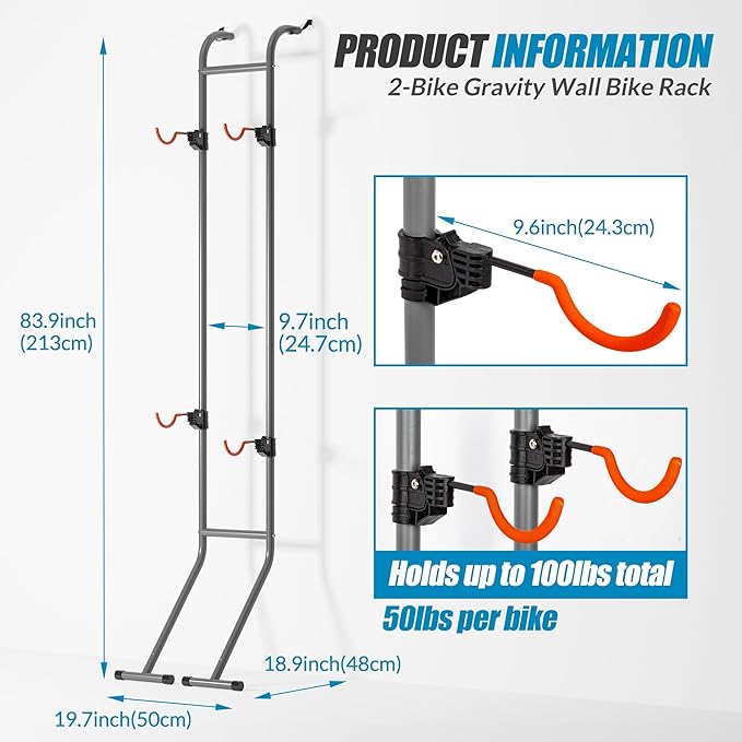 Suchtale 2 Bike Rack, Bicycle Rack, Bike Storage Rack for Garage, Gravity Bike Stand, Indoor Bike Organizer, Floor Vertical Bicycle Holder, Adjustable Wall Mount Cycle Hanger for Road Mountain Bikes