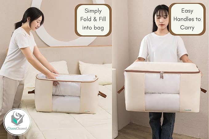 Chaos Cleared Canvas Storage Bags Designer Organizer for Comforters 2 Pack – Seasonal Storage for Pillows, Blankets, Linens & Garments – Foldable Design with Zip & Window, Moth-Proof Space Saver