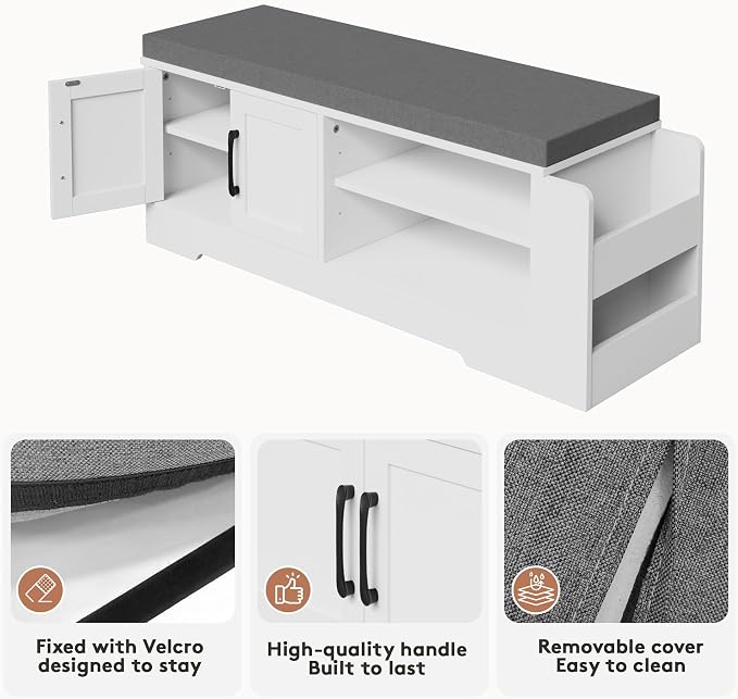 GRUSIGN 39.6" Shoe Storage Bench with Cushion, Entryway Shoe Cabinet, White | 3-in-1 Shoe Storage Bench, Adjustable Shelves, Removable Cushion, 300 lbs Capacity, Entryway, Apartment, Families