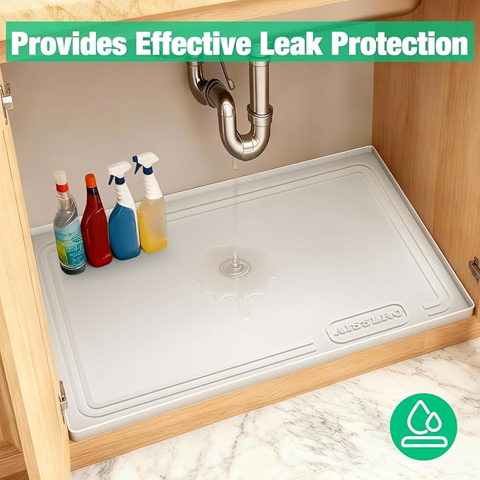 Under Sink Mat 22 X 19, Waterproof Silicone Cabinet Kitchen Liner, Beige | BPA-Free Raised-Edge Cabinet Protector & Leak Tray for Bathroom Cabinets, Boots, Pet Feeding Dog & Cat Mats, Dishwasher Safe