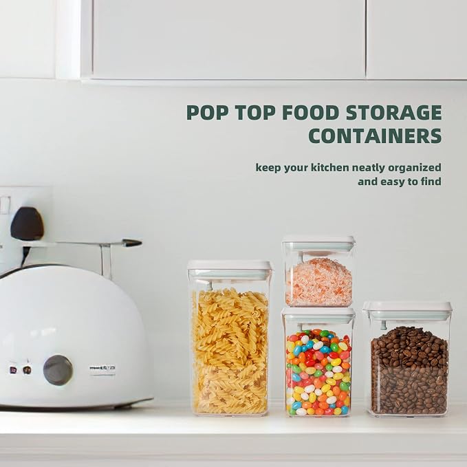 Pop Top Food Storage Containers, 0.5 Qt & 1.5 Qt Airtight Jars | Clear Stackable Kitchen Jars for Oats, Coffee, Sugar, Nuts and Snacks, Designed for Breakfast Stations and Small Cabinets