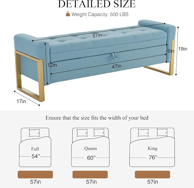 adochr 57" Storage Ottoman Bench, Upholstered End of Bed Bench, Light Blue | Metal Legs & Button-Tufted, Linen Ottoman with Storage 500 lb Capacity for Living Room, Bedroom, Entryway