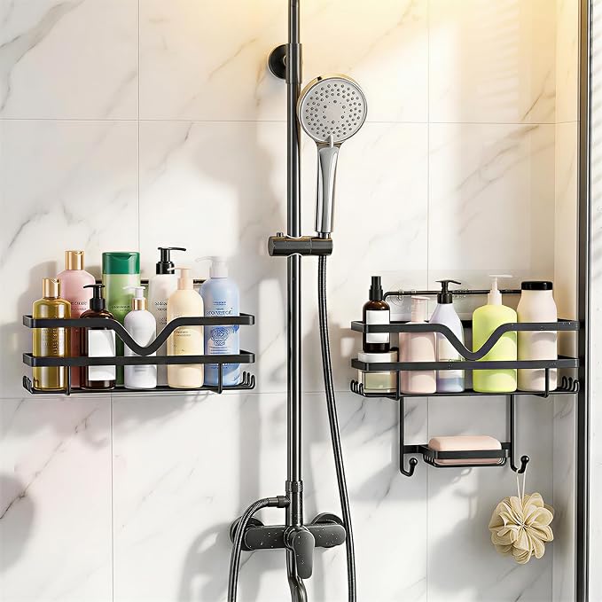 Adhesive Shower Caddy No Drilling Bathroom Organizers, 3 Pack | Self Adhesive Shelf Organizer Rack, Rustproof Shower Storage Rack with Soap Dish, Side Hooks, Large Capacity Bathroom Storage