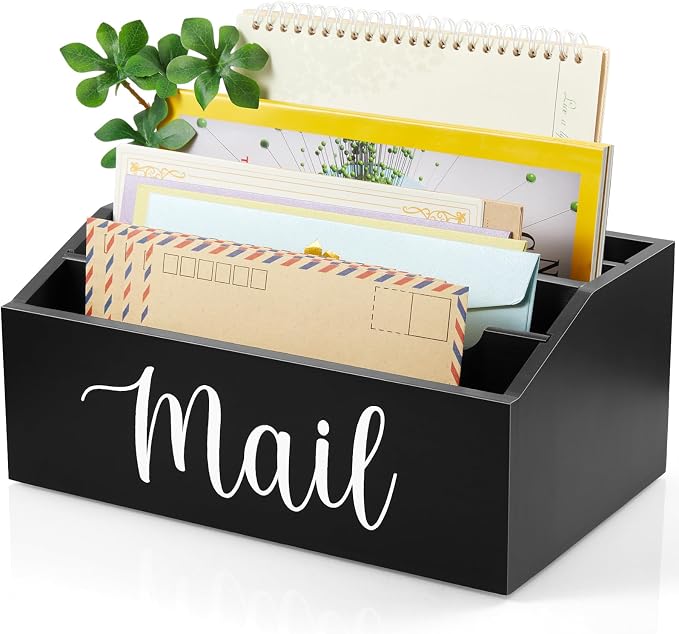 DRASTAR Mail Organizer Countertop, Mail Holder with 4 Slots, Wood Mail Sorter, Bill Organizer for Desk, Mail Storage Organizer for Home Office