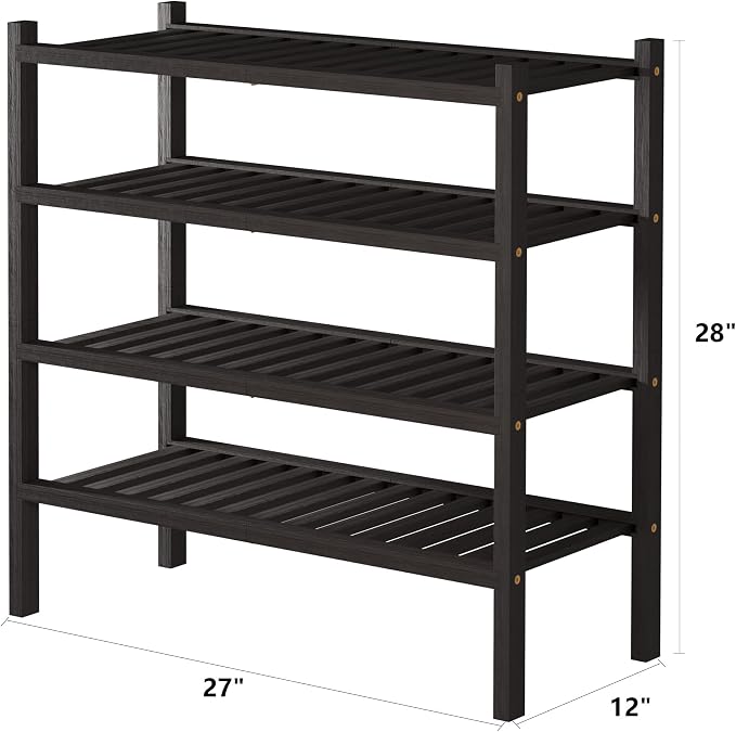 ROMGUAR CRAFT 4 Tier (Thick) Bamboo Shoe Rack for Closet Free Standing Wood Shoe Shelf for Entryway Small Space Stackable 27"x12"x28" (Black Brown)