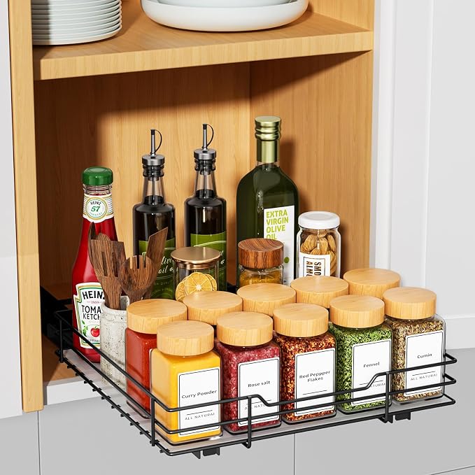 RCHYFEED Pull Out Spice Rack Organizer for Cabinet,10.5" Wx10.5Dx2.5H | Heavy Duty Spice Cabinet Organizer Metal Pull Out Spice Rack Vertical Spice Shelf for Cabinets & Pantry