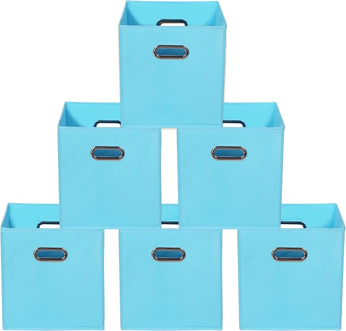 Yunkeeeper storage bins Cubes, Fabric Cube Organizer with Handle, Foldable Cube Bins for Cloth or Accessary Storage, 11x11x11, Set of 6, (Blue