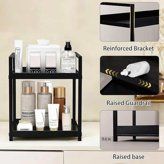 Bathroom Counter Organizer Vanity Storage Countertop Shelf, Small Black | 2 Tier Makeup Organizer Perfume Tray Skincare Holder for Sink, Dresser, Kitchen