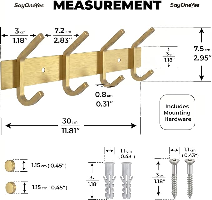 Brushed Gold Wall Mounted Coat Rack – 12 Inch Stainless Steel Rail with 4 Double Coat Hooks for Entryway, Bathroom, Bedroom, Kitchen – Modern Gold Hook Rack for Coats, Hats, Towels
