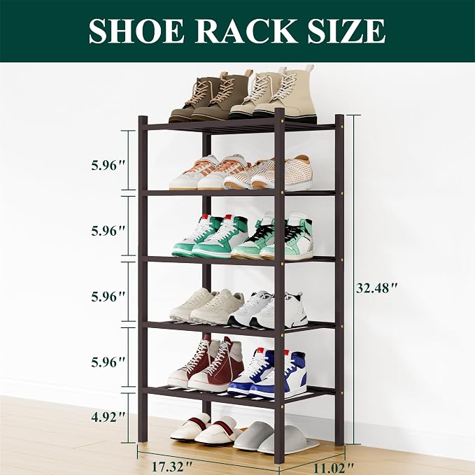 Smiry Bamboo Shoe Rack, 12 Vertical Slats, 5 Tier - 17.3" Wide, Brown | Stackable Free Standing Wooden Shoe Organizer, Wood Shoe Storage Shelf for Closet, Entryway