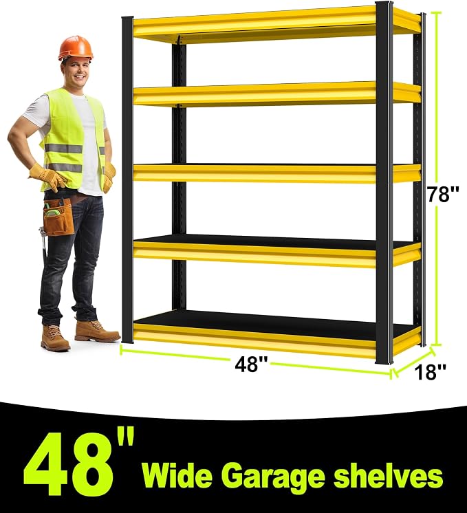 5-Tier Garage Shelving Heavy Duty,48''W x 18''D x 78''H Metal Shelving Unit,2800 lbs Weight Capacity Adjustable Storage Shelves for Retiple Tanks,Pantry,Garage,Yellow