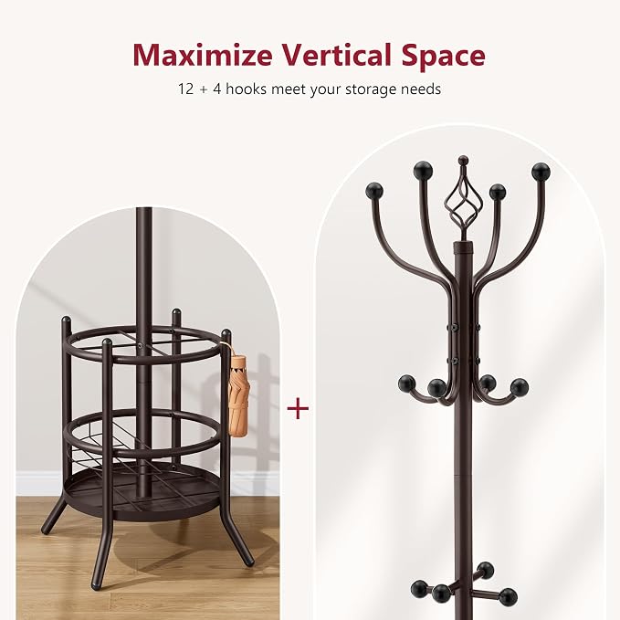 Tajsoon Coat Rack with Umbrella Stand, Coat Tree With 16 Hooks, Brown | 2-In-1 Design, Coat Rack Freestanding, Durable & Stable, Space-Saving, For Living Room, Bedroom, Office