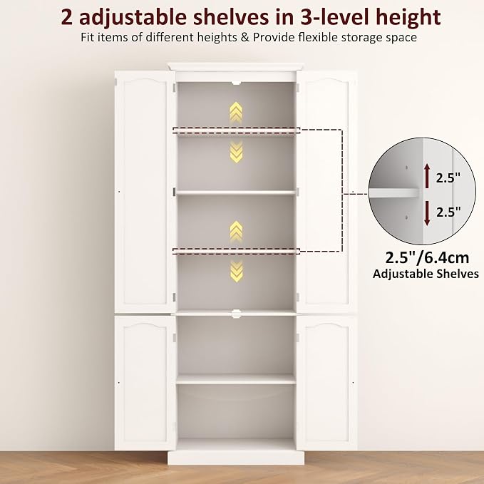 Function Home 72" Kitchen Pantry Cabinet, Tall Wood Storage Cabinet with Doors and Adjustable Shelves, 6-Tier Freestanding Cupboard for Kitchen Dining Room Living Room Bathroom, White