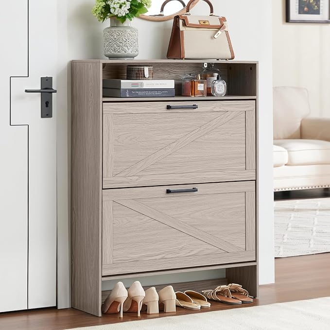 RWYHG Shoe Cabinet Storage for Entryway with 2 Flip Drawers | Open Storage Layer Rack Narrow Organizer Slim Hidden Wood Shoe Cabinet Furniture