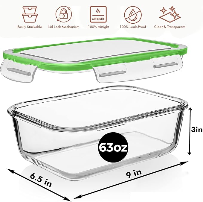 Razab 4 PC 1860ml / 63 Oz / 8 Cups Large Glass Food Storage Containers with Lids - Glass Meal Prep Containers for Roasting & Storing Leftover, Lunch Container with Lids, Microwave & Oven Safe