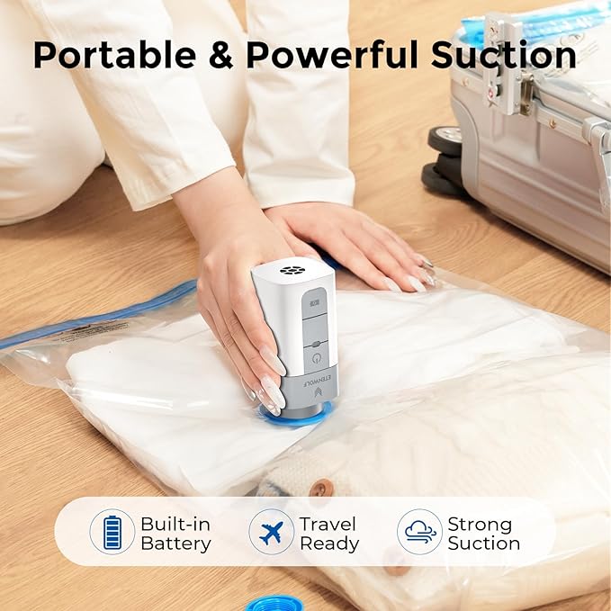 ETENWOLF 4 Combo Vacuum Storage Bags for Travel with Wireless Pump | Vacuum Seal Bags for Clothing Travel, Compression Packing Bags for Clothes and Blankets, Space Saver Bags in Carry-On Sizes
